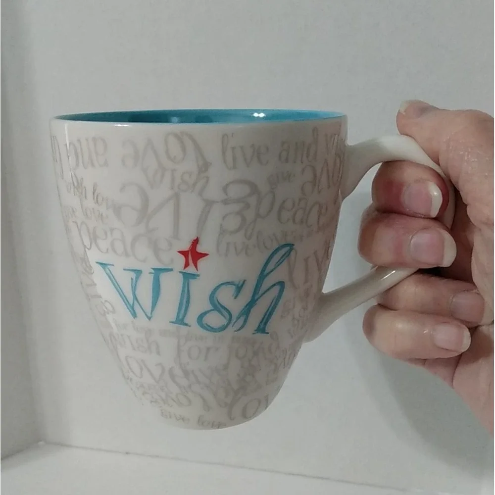 Starbucks 2005 Christmas Wish Holiday white teal gray Peace Live Love Coffee Mug
